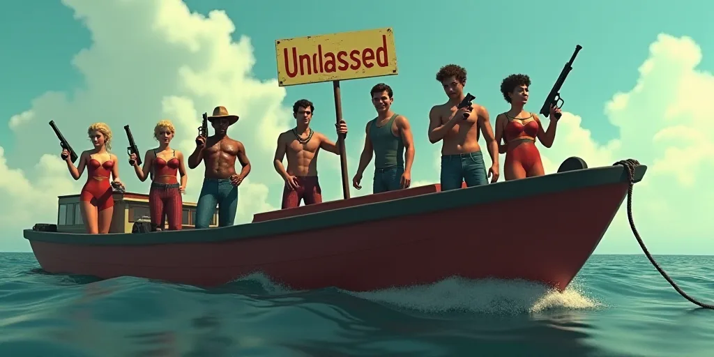 a group of people on a boat with guns in their hands and a sign that says unclasssed, Felix-Kelly, c