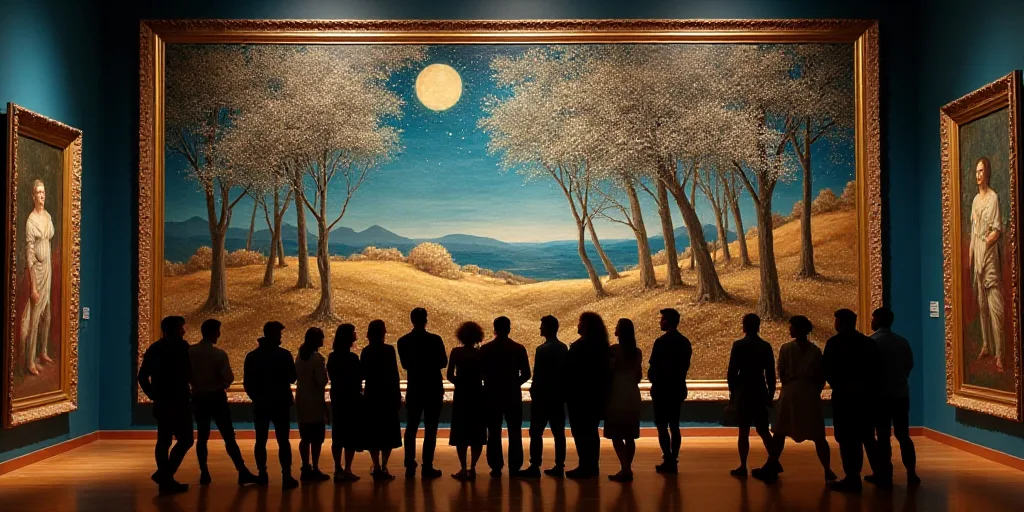 a group of people posing for a picture in front of a painting of a starry night with trees, David Al