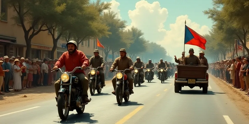 a group of people riding motorcycles down a street with a flag on the back of a car and a truck, Bou