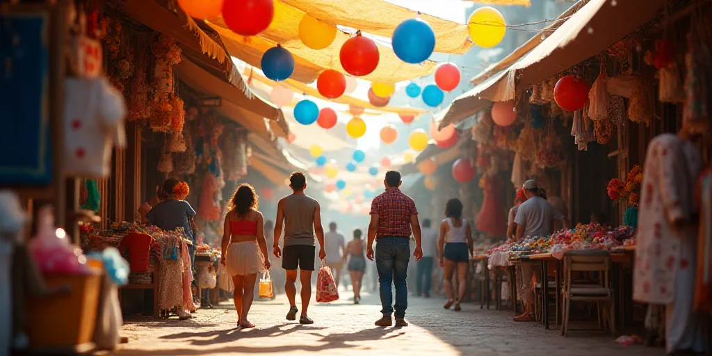 a group of people shopping in a market with balloons and other items hanging from the ceiling above