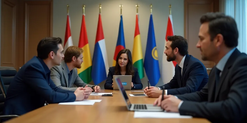 a group of people sitting around a table in a conference room with flags behind them and a laptop on