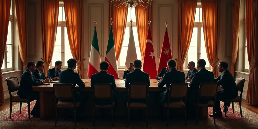 a group of people sitting around a table with flags behind them in a room with windows and curtains
