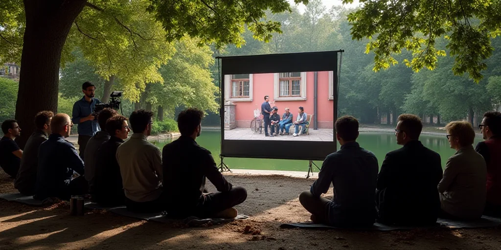 a group of people sitting around a city park with a cameraman taking pictures of them on a screen, E