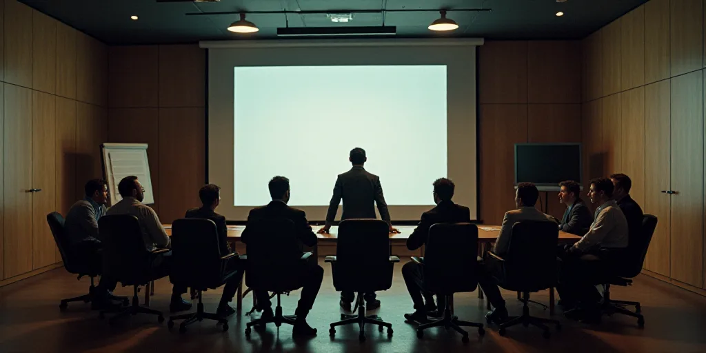 a group of people sitting around a table with a tv on it's wall behind them and a man standing in fr