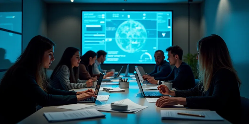 a group of people sitting around a table with papers and laptops in front of them, with a large scre