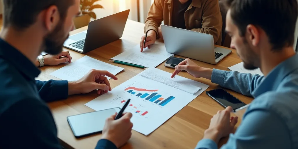 a group of people sitting around a table with laptops and papers on it, with a person pointing at a