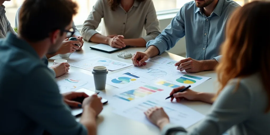a group of people sitting around a table with laptops and papers on it, with a person pointing at a