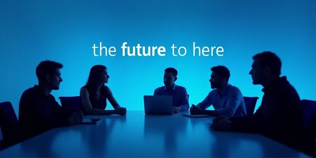 a group of people sitting around a table with a blue background and a white outline over it that say