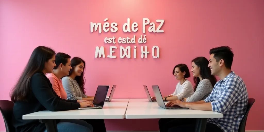 a group of people sitting around a table with laptops on it and a pink wall behind them with a sign