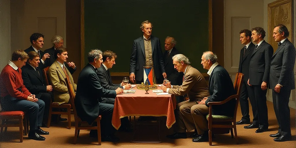 a group of people sitting around a table in a room with a flag on it and a statue of a man in a suit