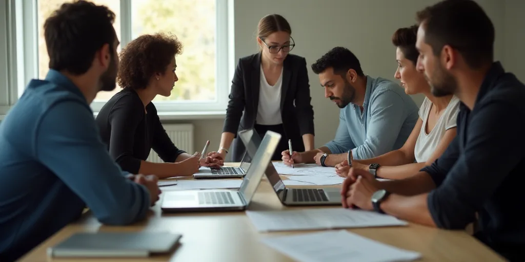 a group of people sitting around a table with laptops and papers on it, all looking at something, Ca