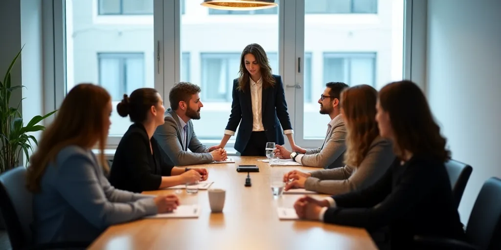a group of people sitting around a table talking to each other in a meeting room with a woman standi