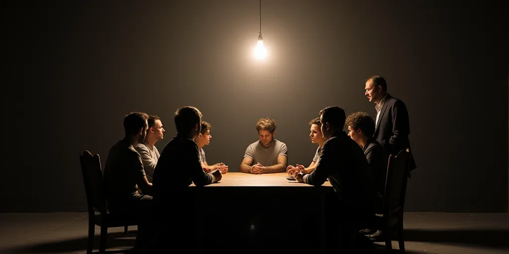 a group of people sitting around a table with a light bulb hanging from the ceiling above them, and