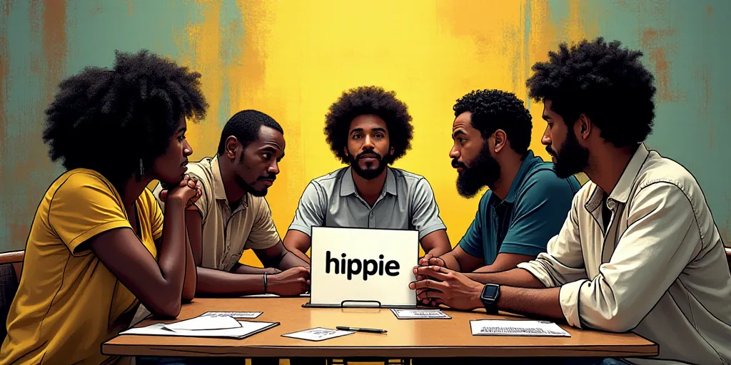 a group of people sitting around a table with a sign in front of them that says'hippie ', Afewerk Te