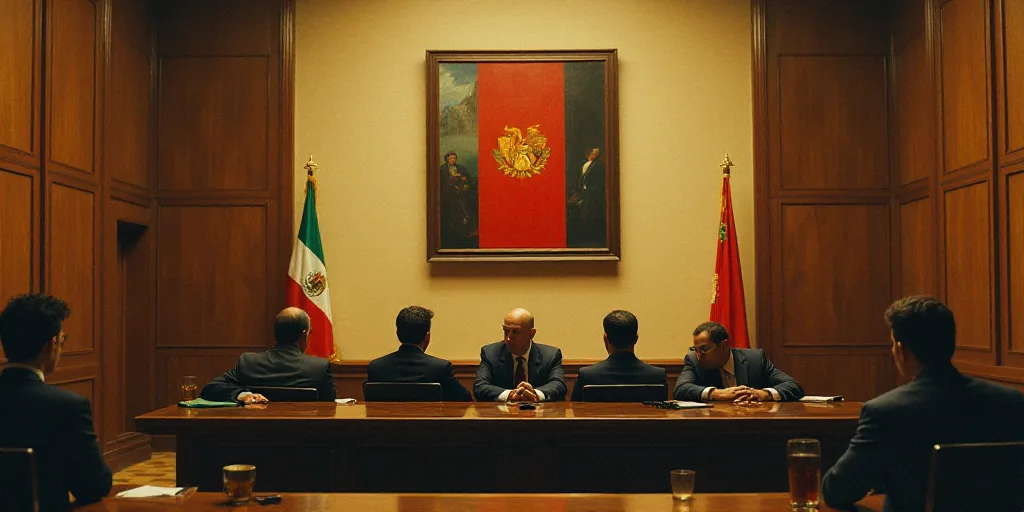 a group of people sitting at a table in a courtroom with a flag hanging above them and a painting on