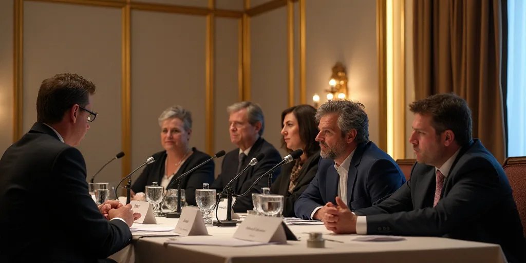 a group of people sitting at a table with microphones in front of them and a banner behind them, Bou