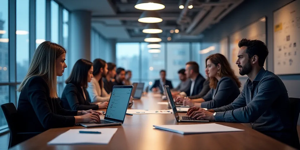 a group of people sitting at a long table with computers on it and papers on the desks in front of t