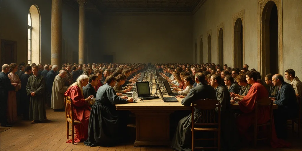 a group of people sitting at a long table with computers on it in a room with a lot of people, Engue