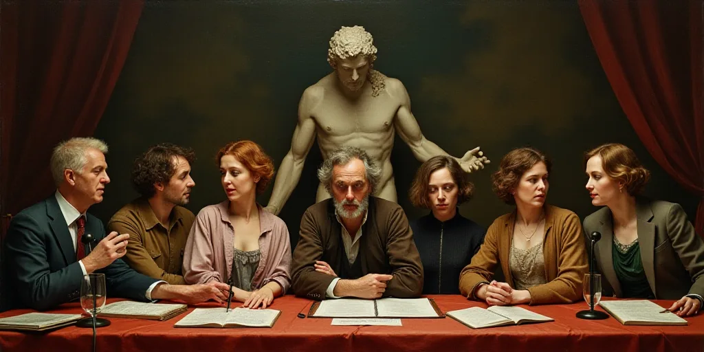 a group of people sitting at a table with a microphone in front of them and a statue behind them, Ar