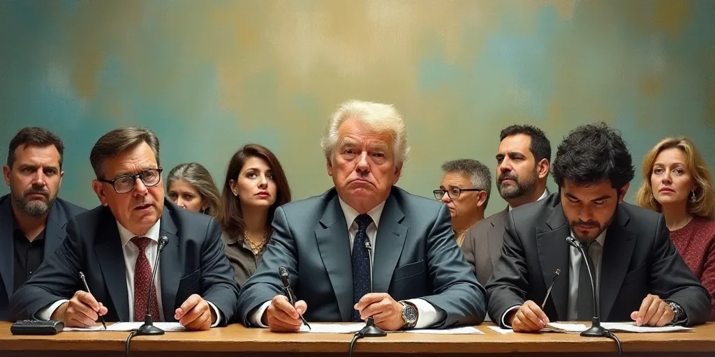 a group of people sitting at a table with microphones in front of them and a man in a suit, Carlos E