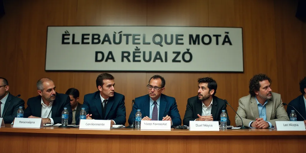 a group of people sitting at a table with microphones in front of them and a sign behind them, Agust
