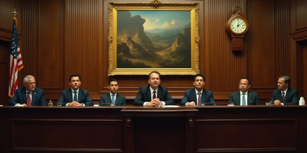 a group of people sitting at a table in a courtroom with a clock on the wall behind them and a paint