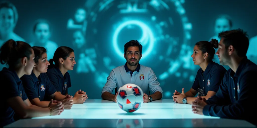 a group of people sitting at a table with a soccer ball in front of them and a man standing at the f