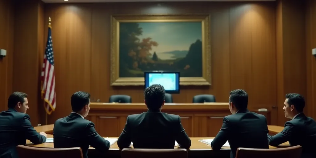 a group of people sitting at a table in a courtroom with a tv on the wall behind them and a painting