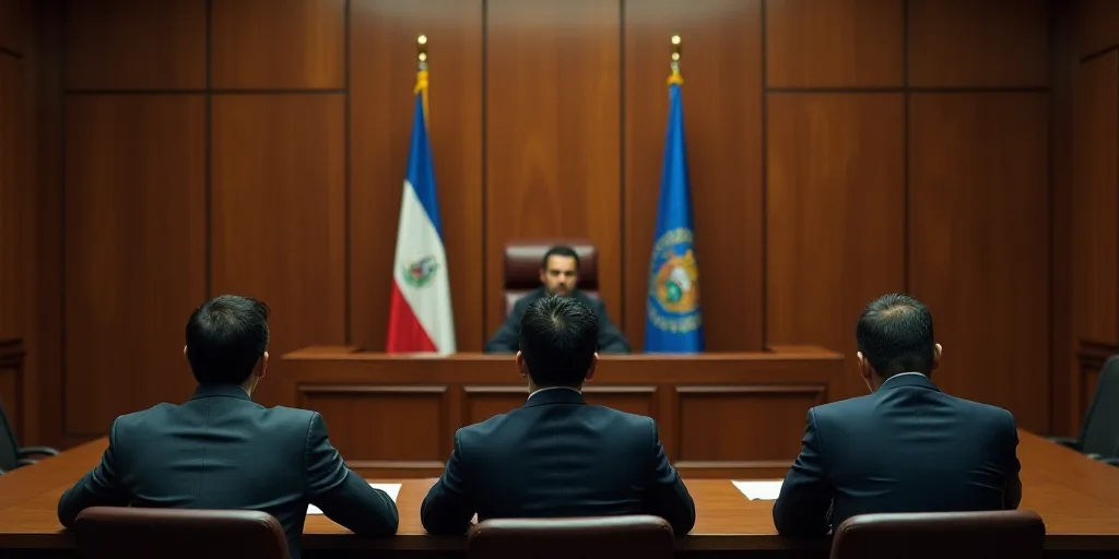a group of people sitting at a table in a courtroom with a flag hanging on the wall behind them, Fed