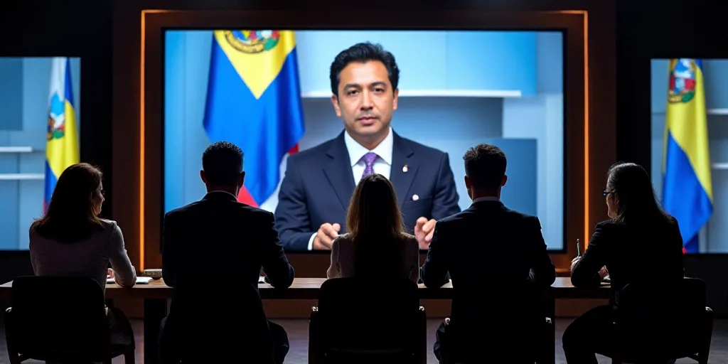 a group of people sitting at a table in front of a tv screen with a large screen behind them, Federi