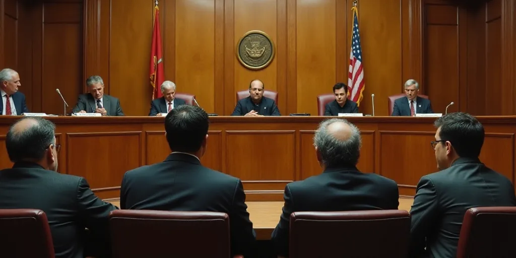 a group of people sitting at a table in a courtroom with a judge and other judges behind them and a