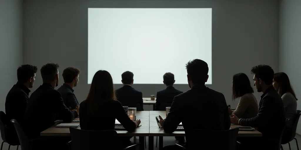 a group of people sitting at a table with a projector screen in the background and a screen in the f