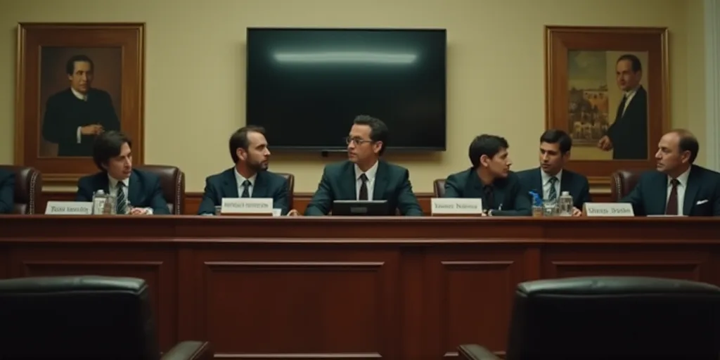 a group of people sitting at a table in a courtroom with a tv on the wall behind them and a painting