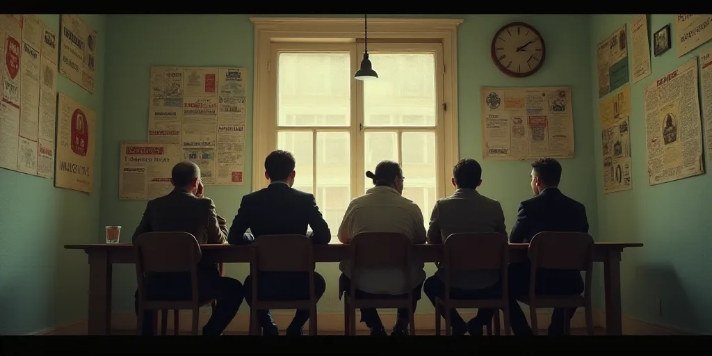a group of people sitting at a table in a room with signs on the wall and a clock on the wall, Cefer