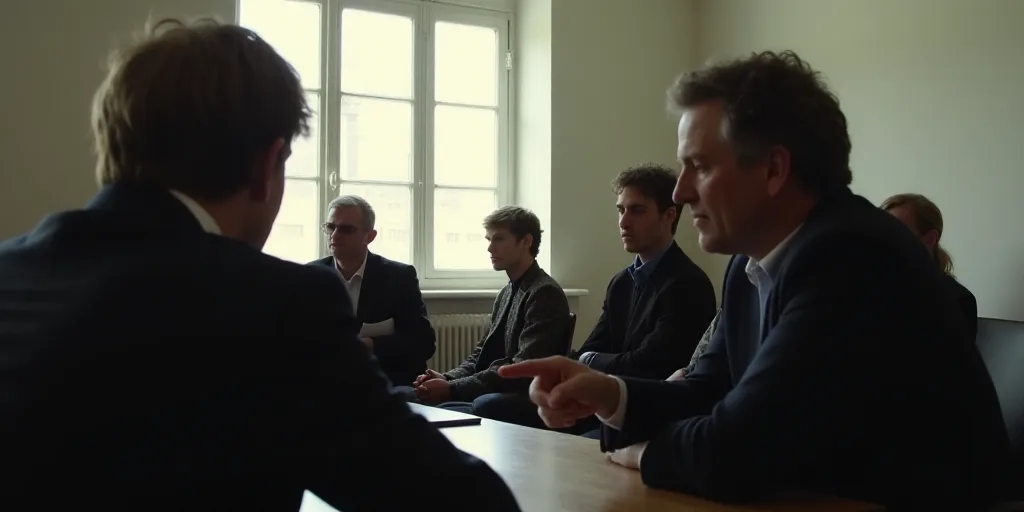 a group of people sitting in a room with a window in the background and a person pointing at somethi