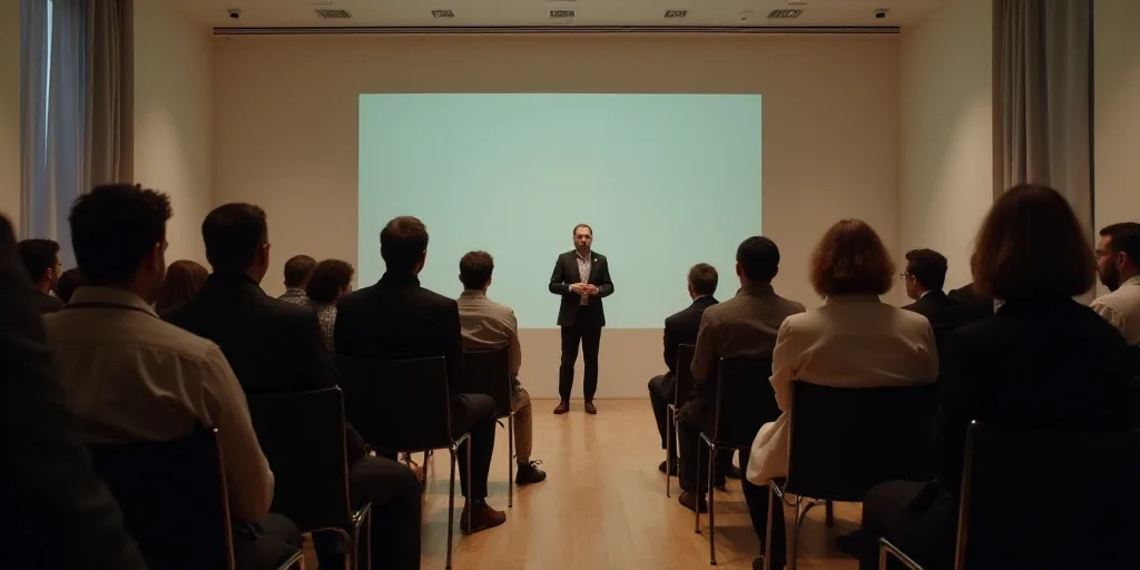 a group of people sitting in a room with a speaker at the front of the room and a speaker at the bac
