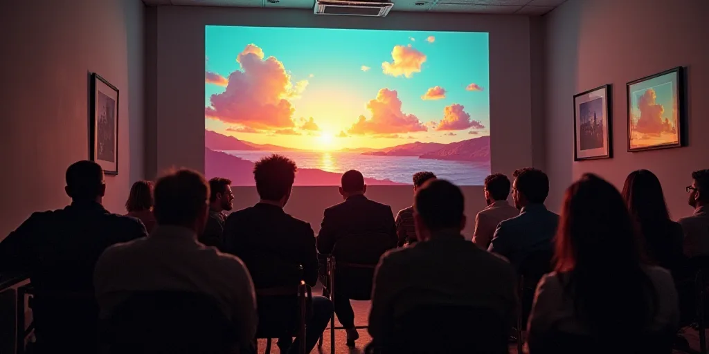 a group of people sitting in chairs in front of a screen with american spaces on it and a projector