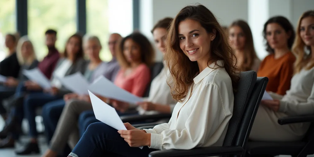 a group of people sitting in chairs holding papers in their hands and looking at the camera with a s
