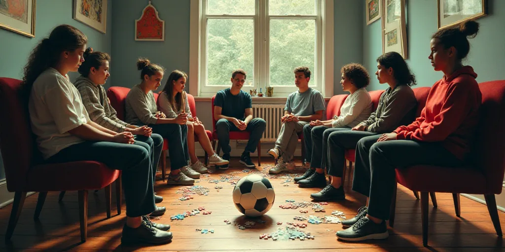 a group of people sitting in chairs in a room with a soccer ball on the floor and a soccer ball on t
