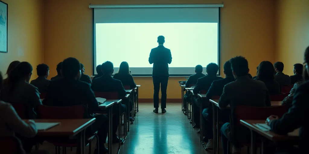 a group of people sitting in front of a classroom full of people in chairs and a man standing at the