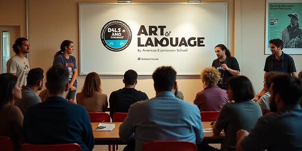 a group of people sitting in front of a sign with a logo on it and a few people standing around, Art