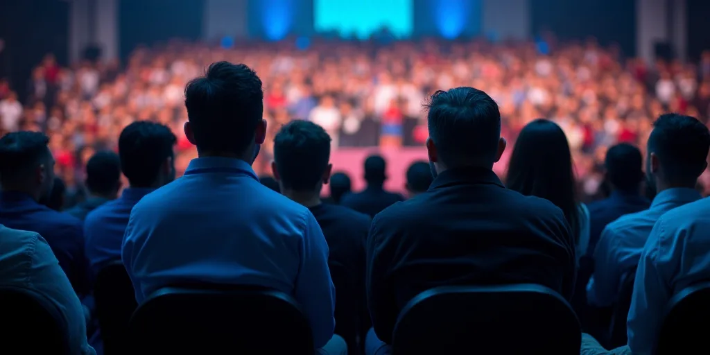 a group of people sitting in front of a crowd of people in blue shirts and black jackets on stage, A