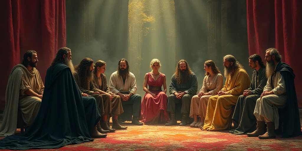 a group of people sitting on a stage with a man in a long beard and a woman in a dress, Federico Uri
