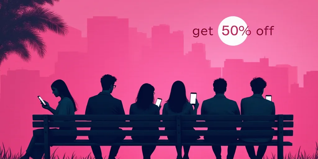 a group of people sitting on a bench looking at their phones with a pink background over them that s