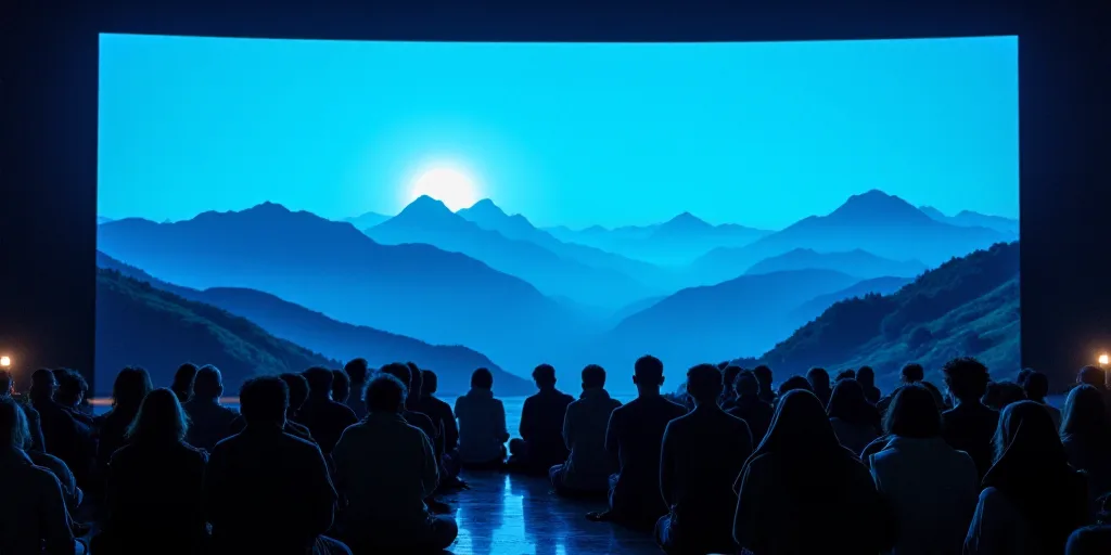 a group of people sitting on a stage in front of a screen with mountains in the background and a blu
