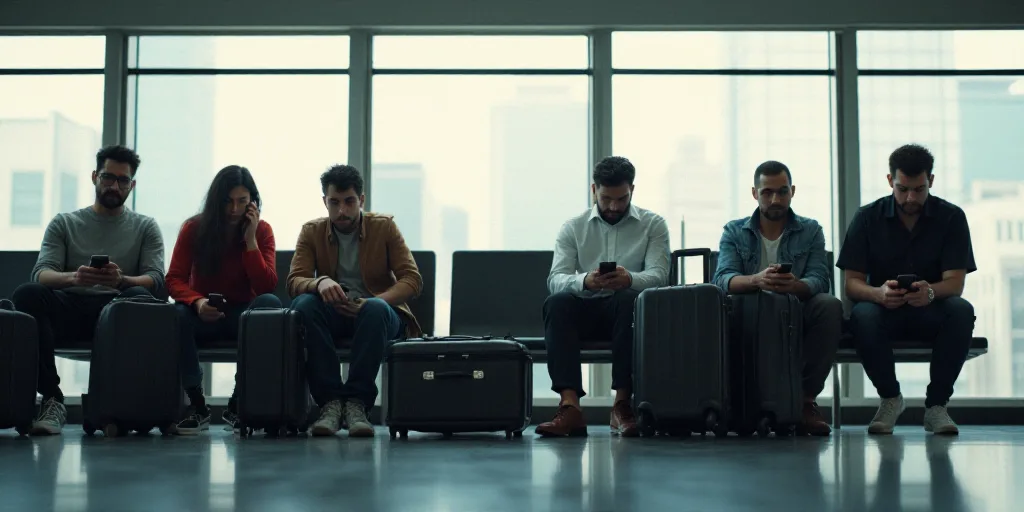 a group of people sitting on a bench with luggage and cell phones in their hands and a man on his ce