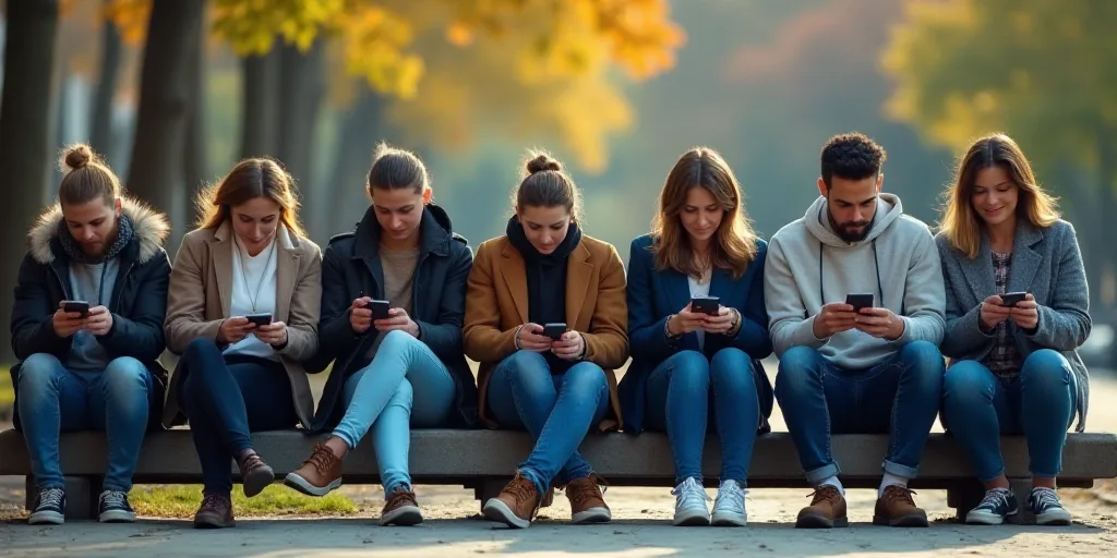 a group of people sitting on a bench next to each other on their cell phones and looking at their ph