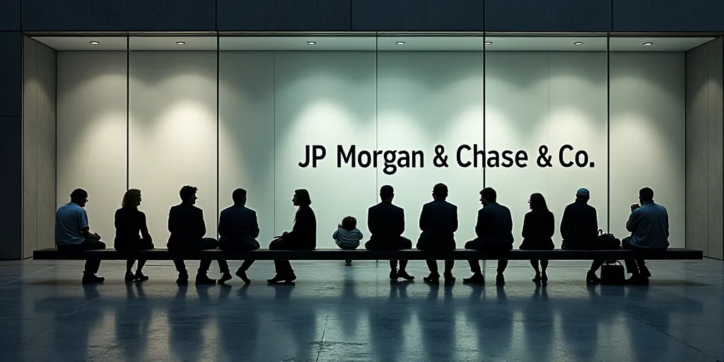 a group of people sitting on benches in front of a glass window with the words jp morgan chase & co,