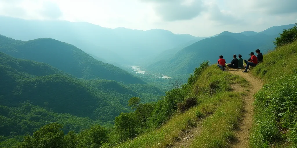 a group of people sitting on top of a mountain next to a lush green hillside covered in trees and bu