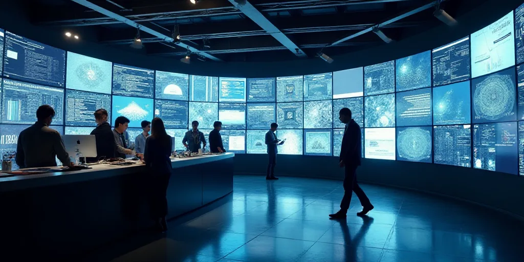 a group of people standing around a counter with lots of monitors on it's walls and a man walking by